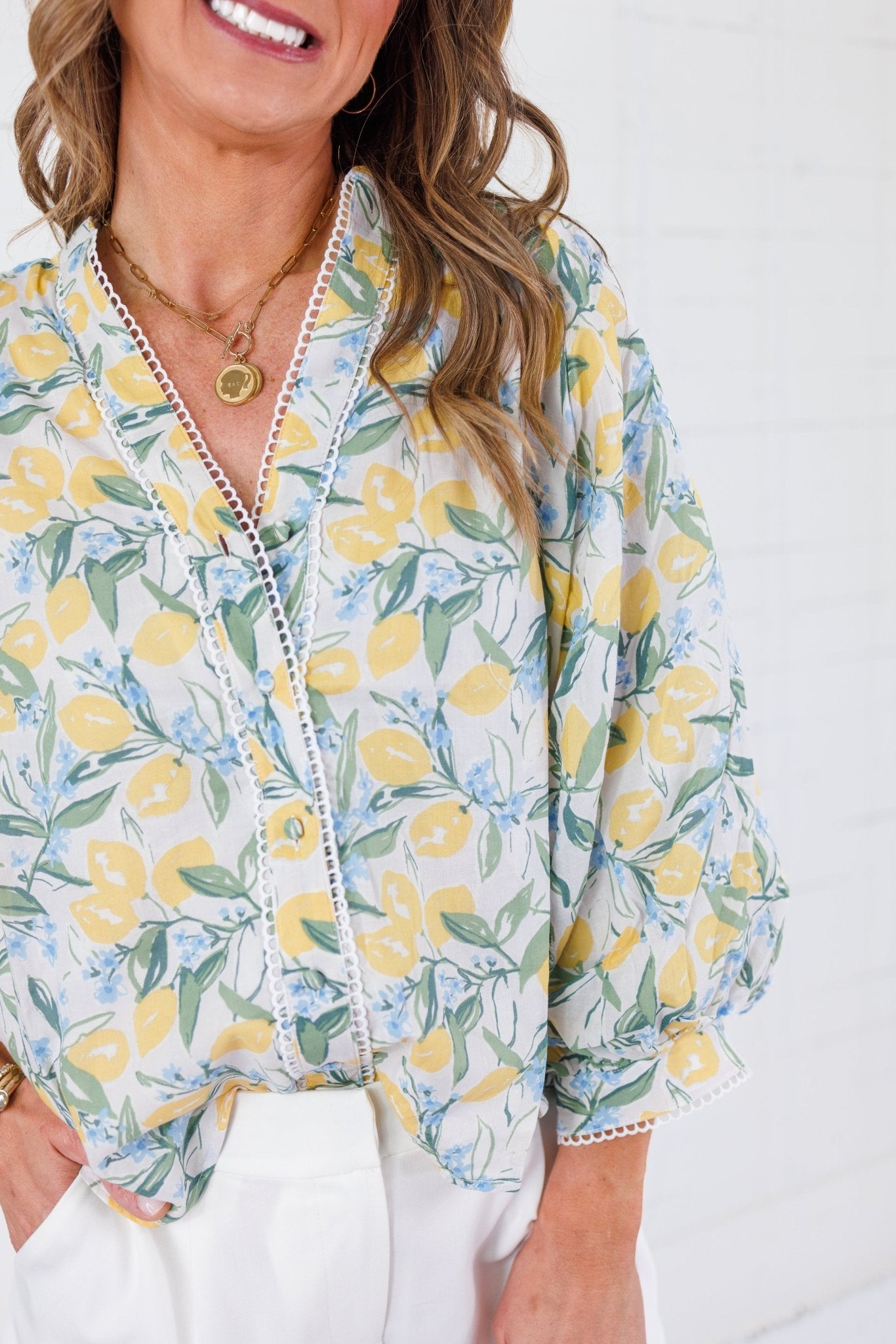 Jenkins Lemon + Floral Lace Trimmed Top FATE