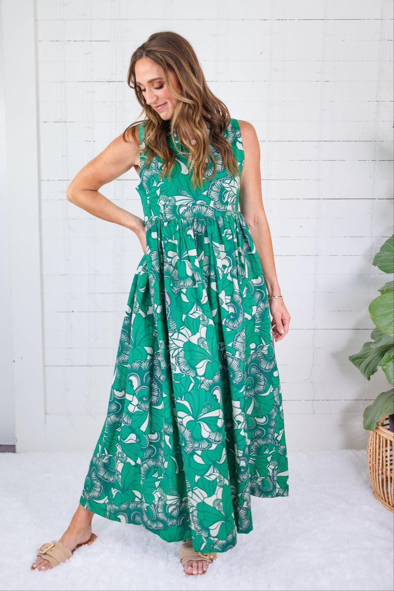 linen maxi dress green Metallic Stripe Linen Three Quarter Sleeve Maxi Shirt Dress - Green/White
