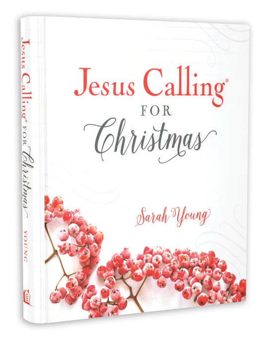 Book titled 'Jesus Calling for Christmas' by Sarah Young with red berries on a white background