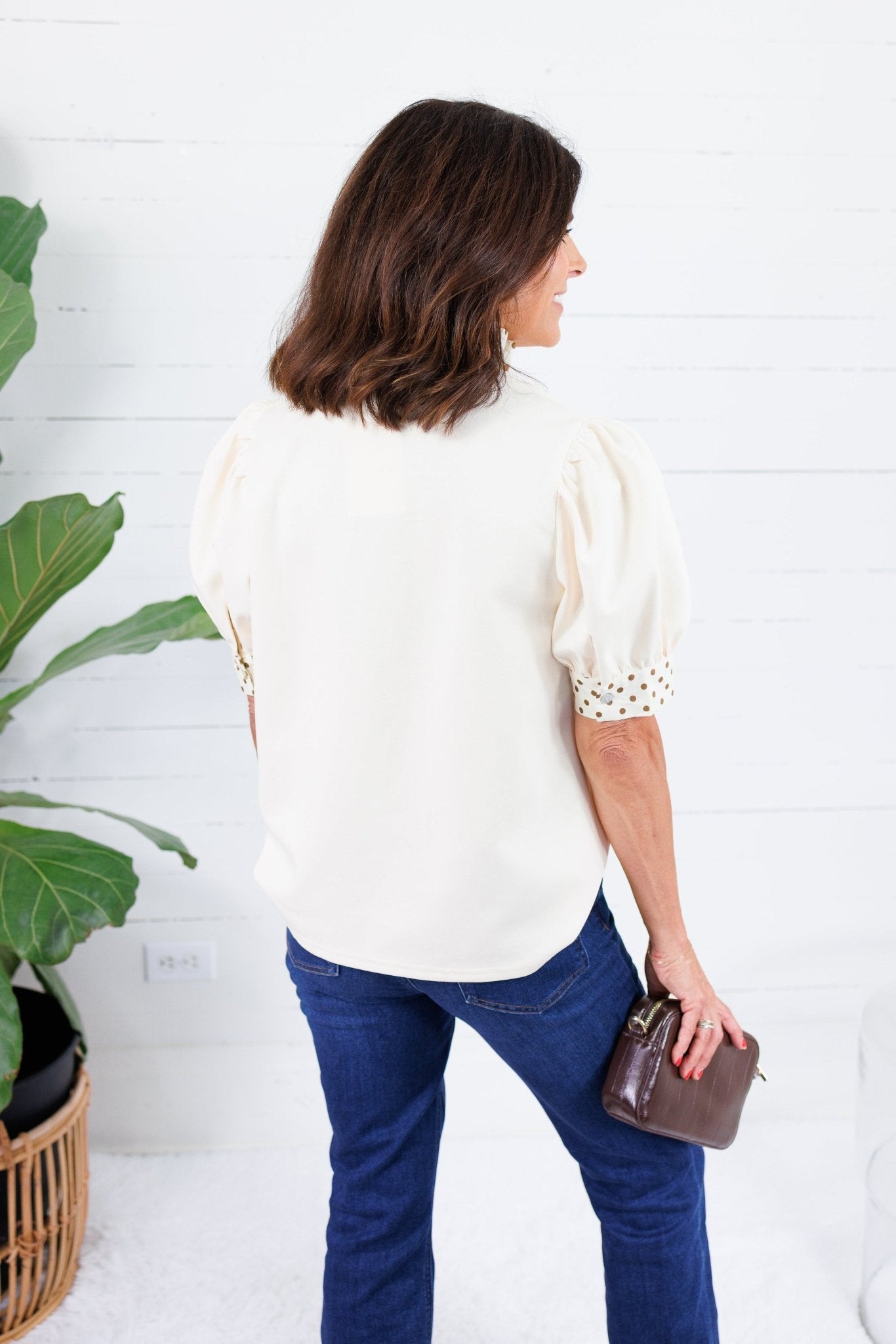 Johns Ecru Dotty Trim Top Entro