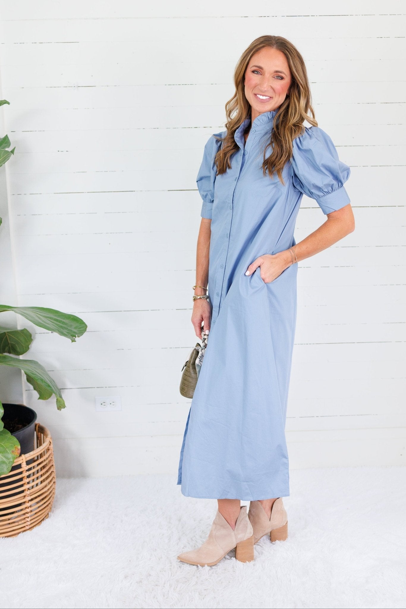 Joseph Dusty Blue Poplin Ruffle Maxi Shirt Dress Karlie