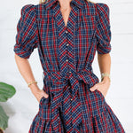 Judith Navy Plaid Button Front Mini Dress Entro