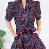 Judith Navy Plaid Button Front Mini Dress Entro