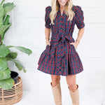 Judith Navy Plaid Button Front Mini Dress Entro