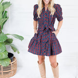 Judith Navy Plaid Button Front Mini Dress Entro
