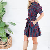Judith Navy Plaid Button Front Mini Dress Entro
