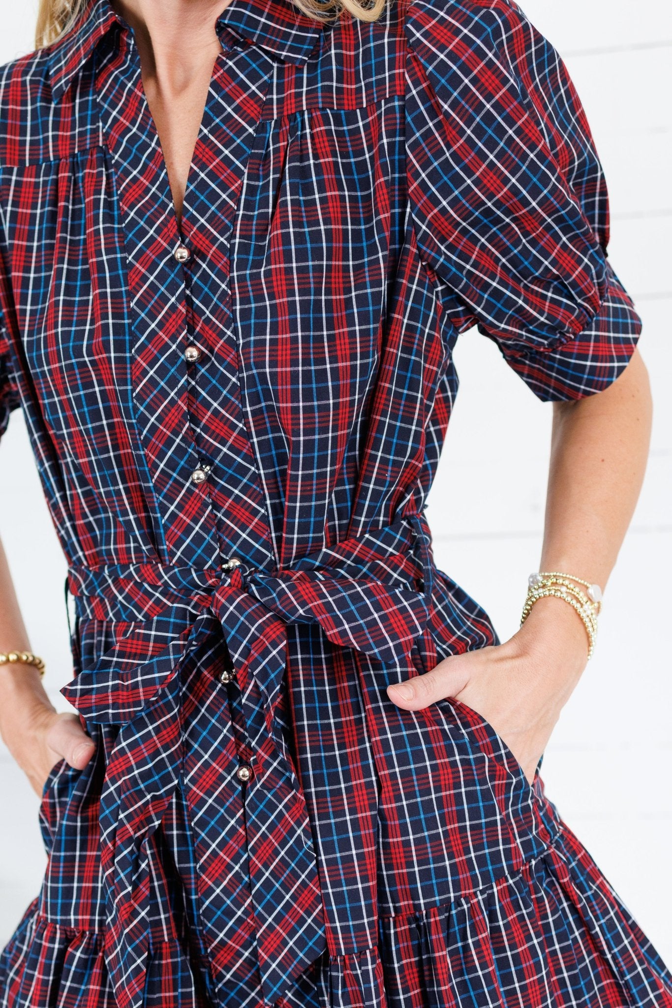 Judith Navy Plaid Button Front Mini Dress Entro