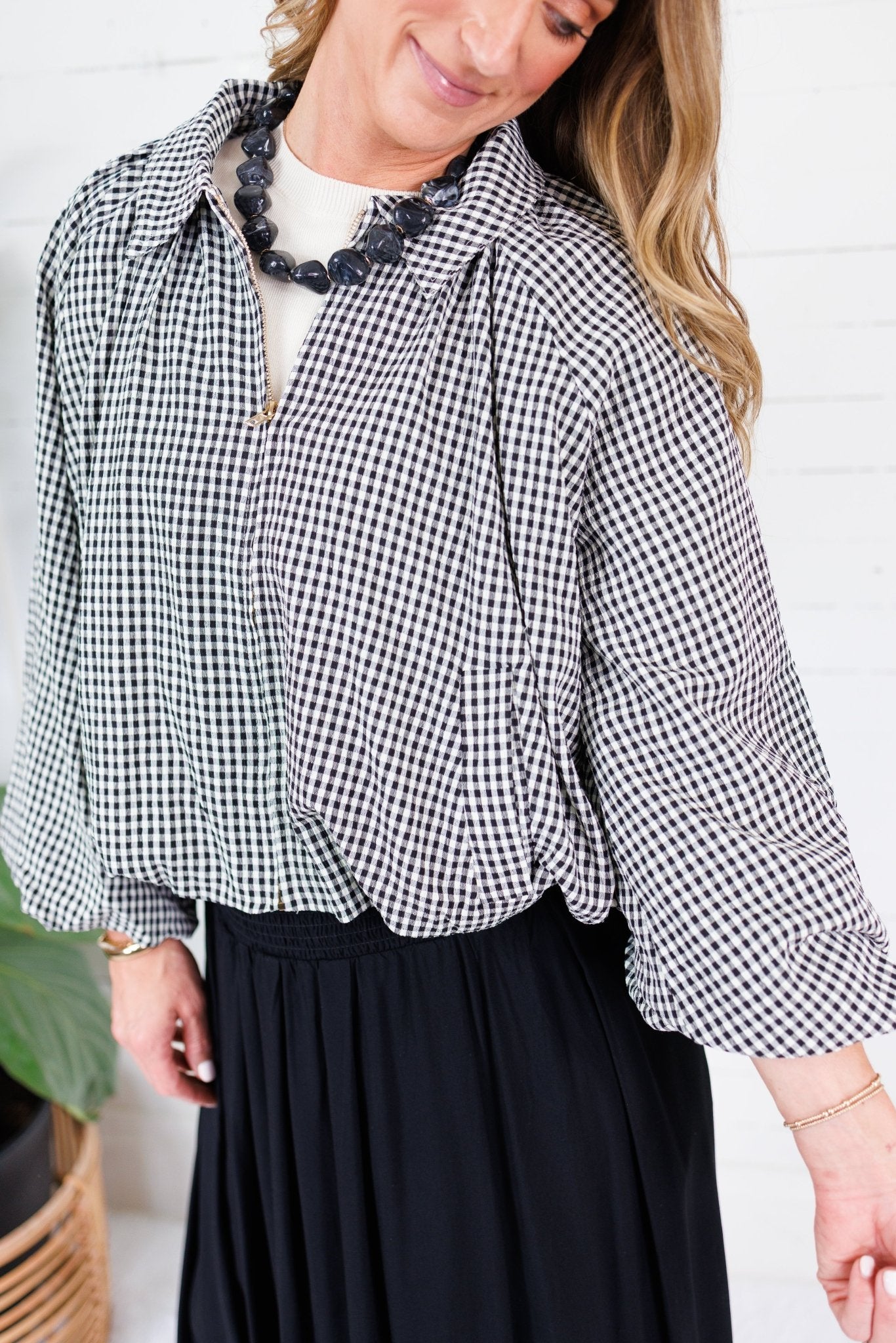 Juniper Black Gingham Bomber Jacket Entro