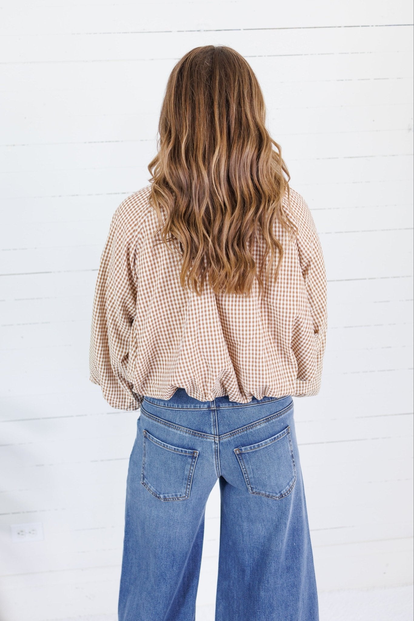 Juniper Camel Gingham Bomber Jacket Entro