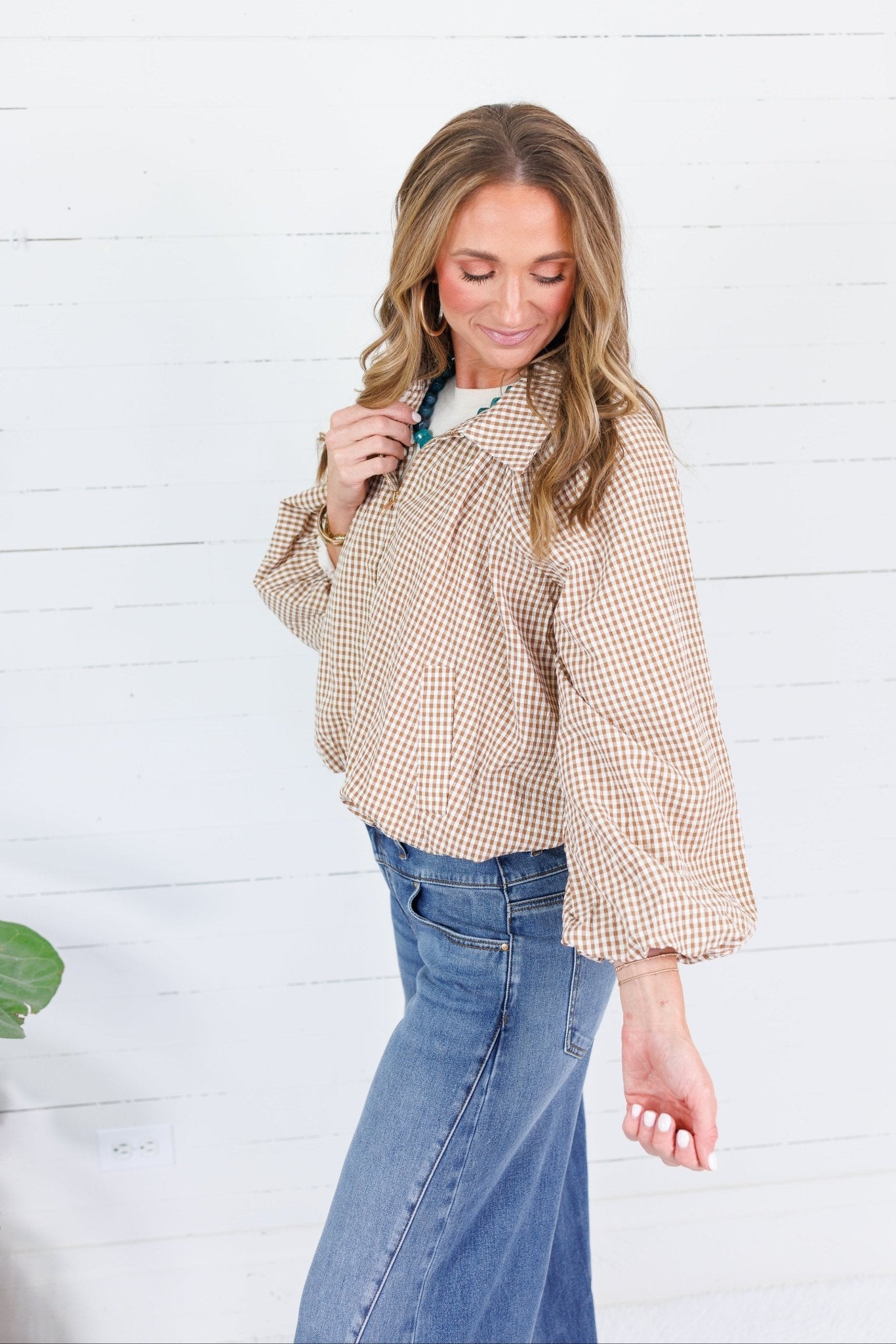 Juniper Camel Gingham Bomber Jacket Entro