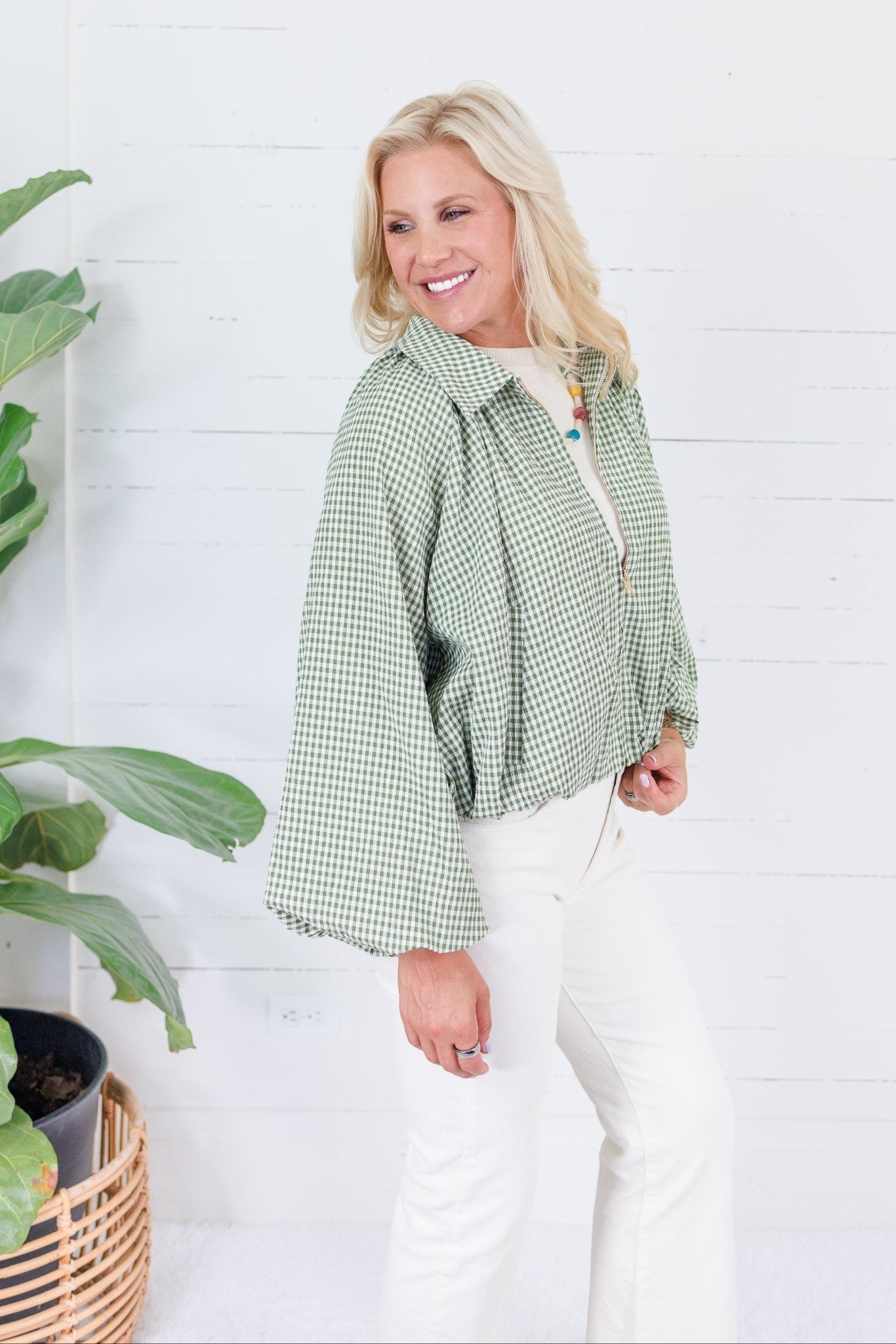 Juniper Olive Gingham Bomber Jacket Entro