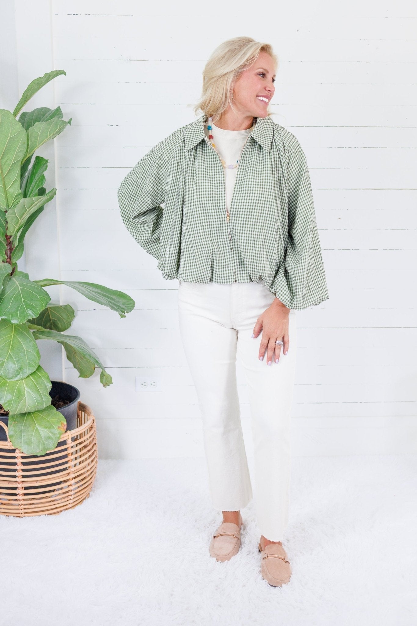 Juniper Olive Gingham Bomber Jacket Entro