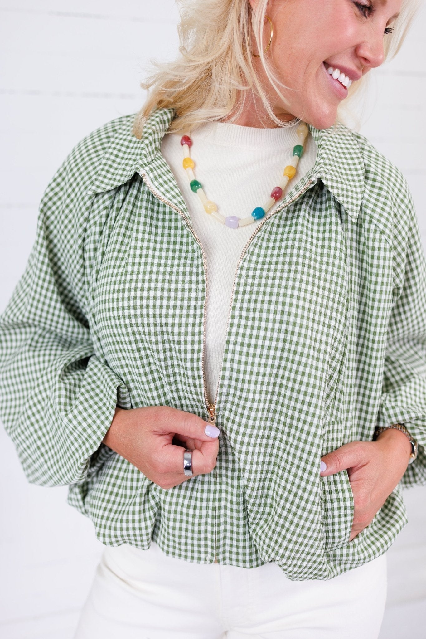 Juniper Olive Gingham Bomber Jacket Entro