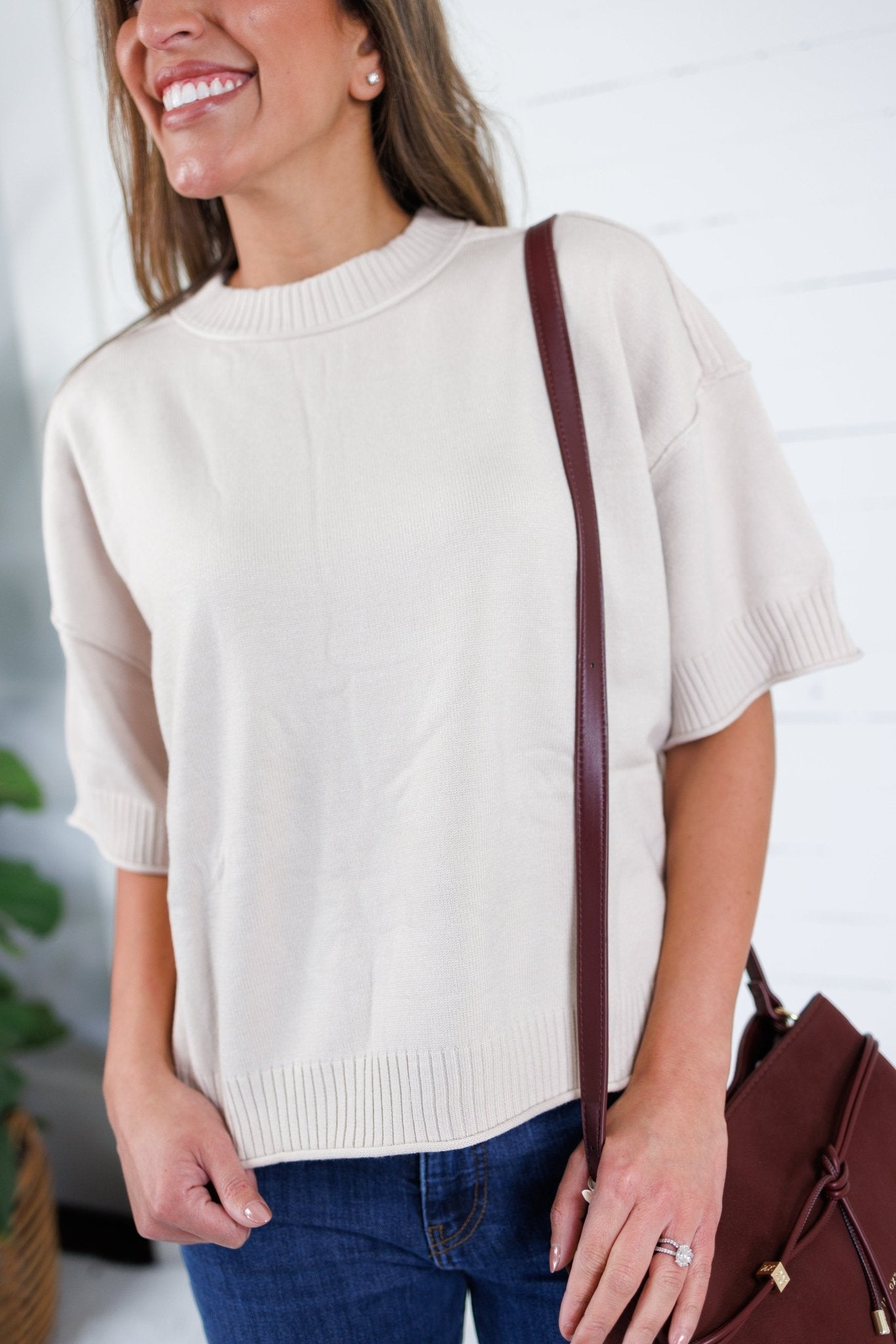 Katelyn Beige Relaxed Elbow Sleeve Sweater Glam