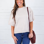 Katelyn Beige Relaxed Elbow Sleeve Sweater Glam