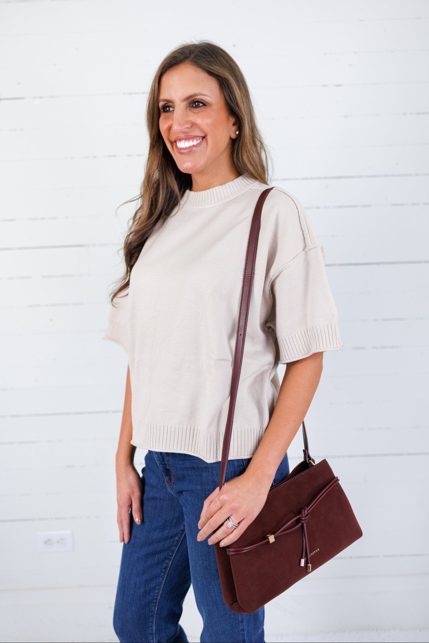 Katelyn Beige Relaxed Elbow Sleeve Sweater Glam