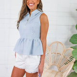 Kaye Faded Blue Check Peplum Zip Top Entro