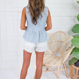 Kaye Faded Blue Check Peplum Zip Top Entro