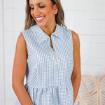 Kaye Faded Blue Check Peplum Zip Top Entro