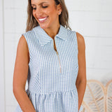 Kaye Faded Blue Check Peplum Zip Top Entro