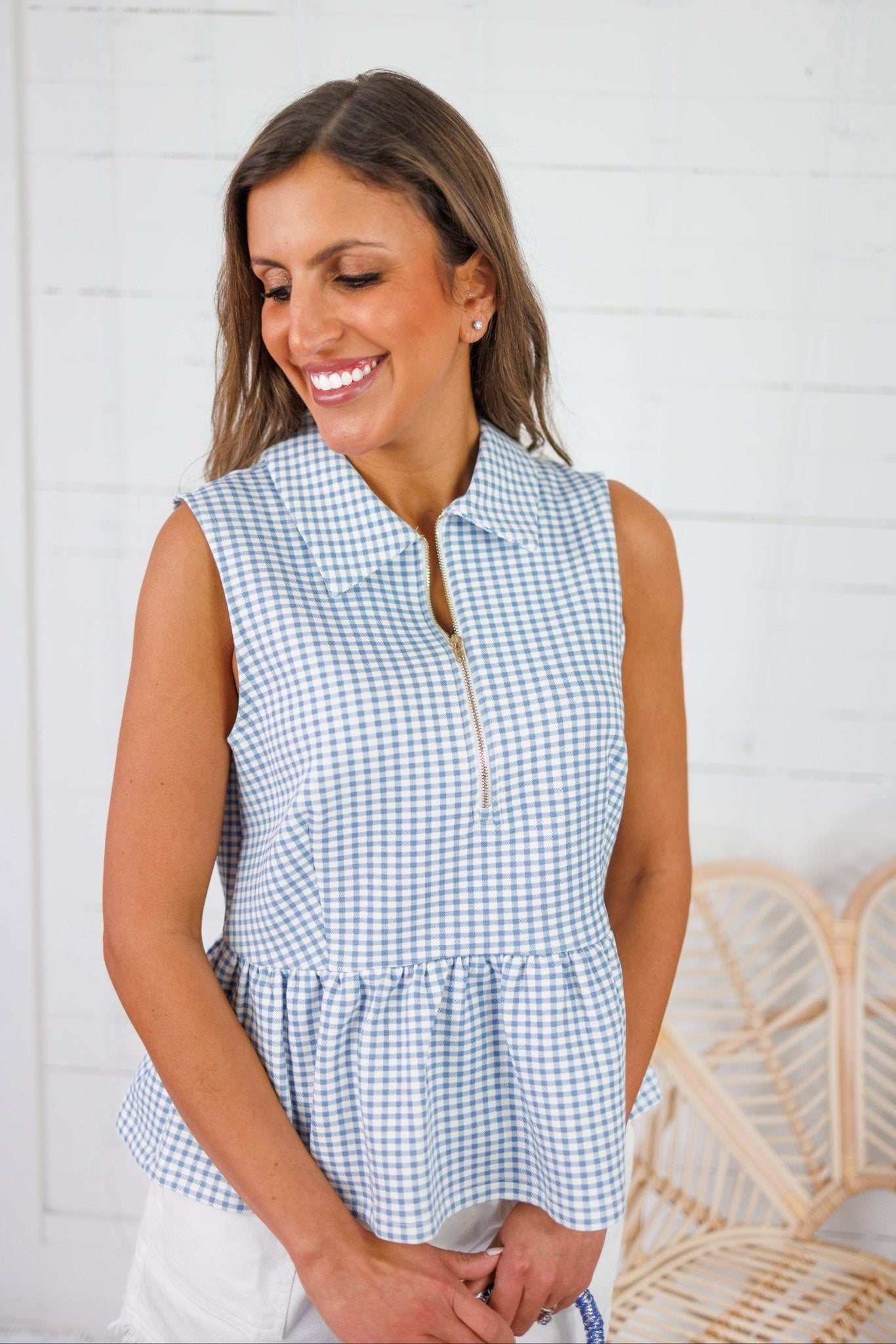 Kaye Faded Blue Check Peplum Zip Top Entro