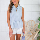 Kaye Faded Blue Check Peplum Zip Top Entro