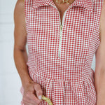 Kaye Red Check Peplum Zip Top Entro