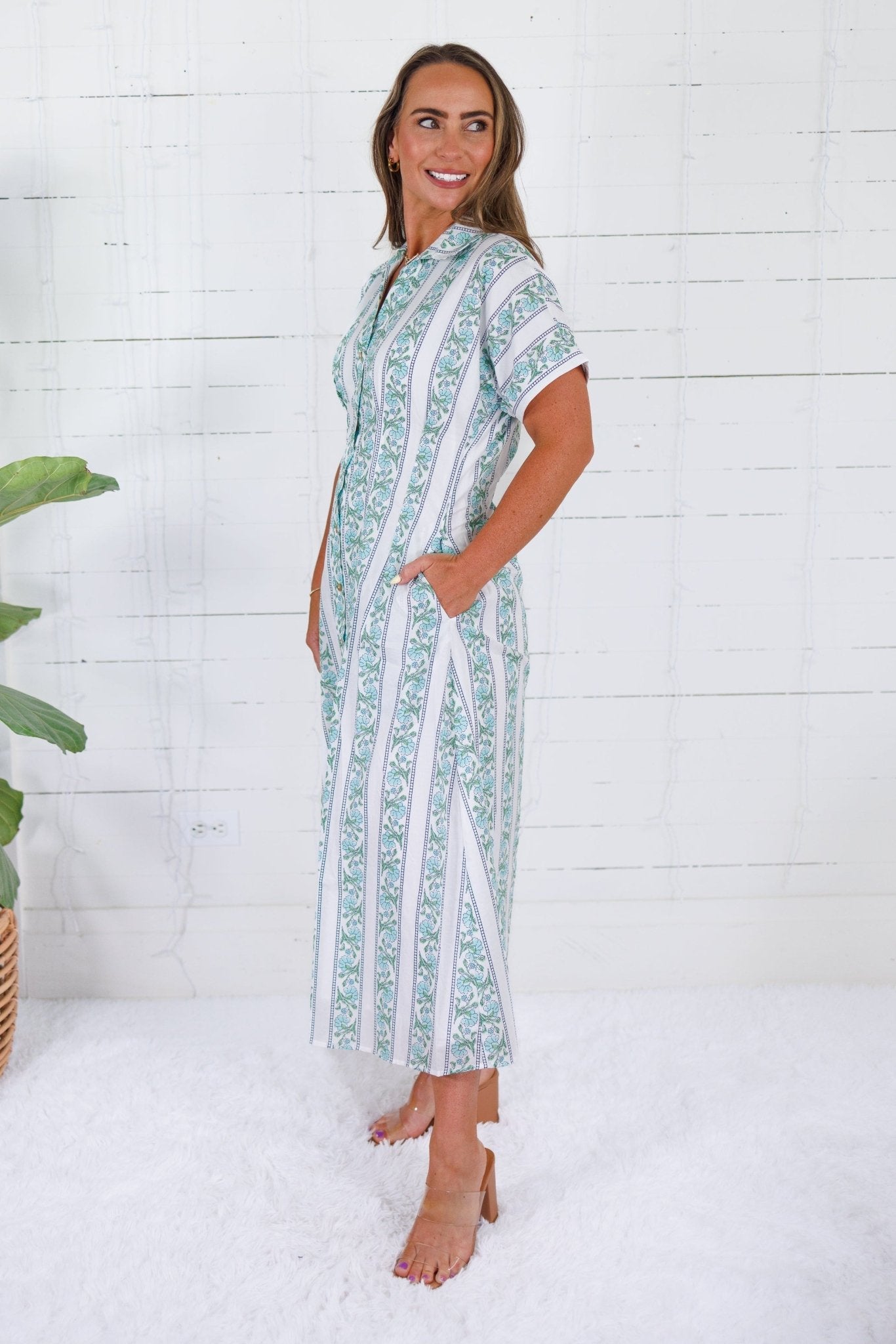 Kayla Green Floral Stripes Midi Dress THML