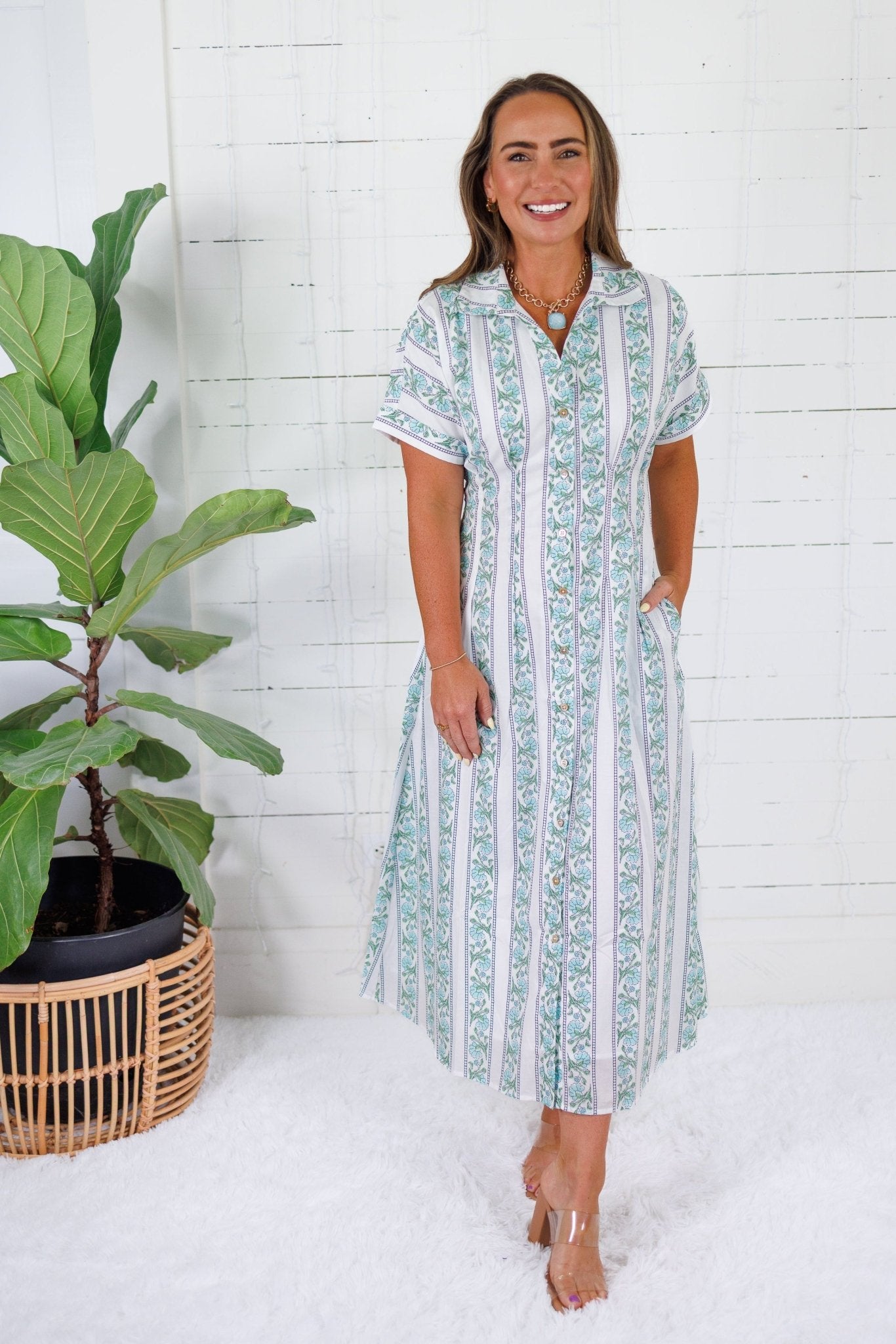 Kayla Green Floral Stripes Midi Dress THML