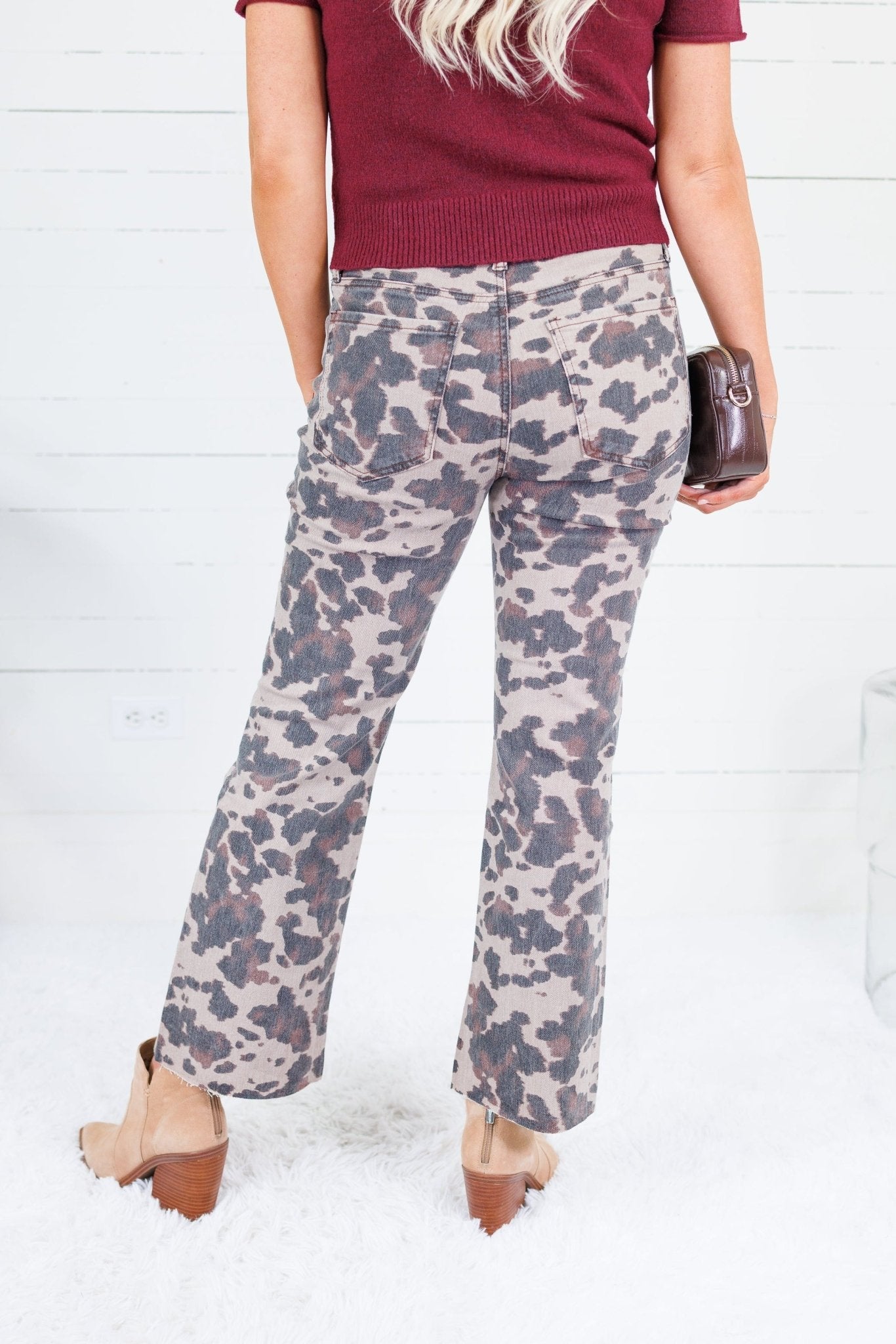 Kelsey Taupe Spotted High Rise Raw Hem Ankle Flare Jean Kut