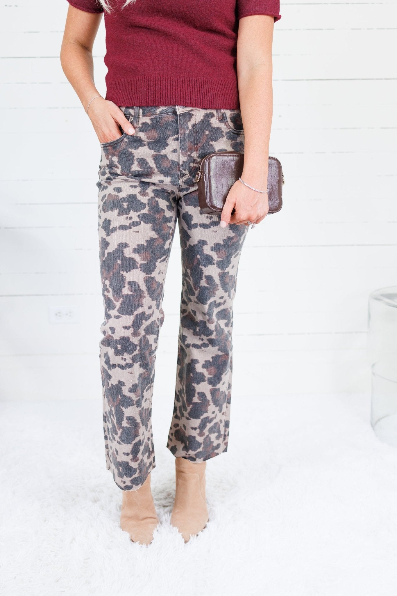 Kelsey Taupe Spotted High Rise Raw Hem Ankle Flare Jean Kut