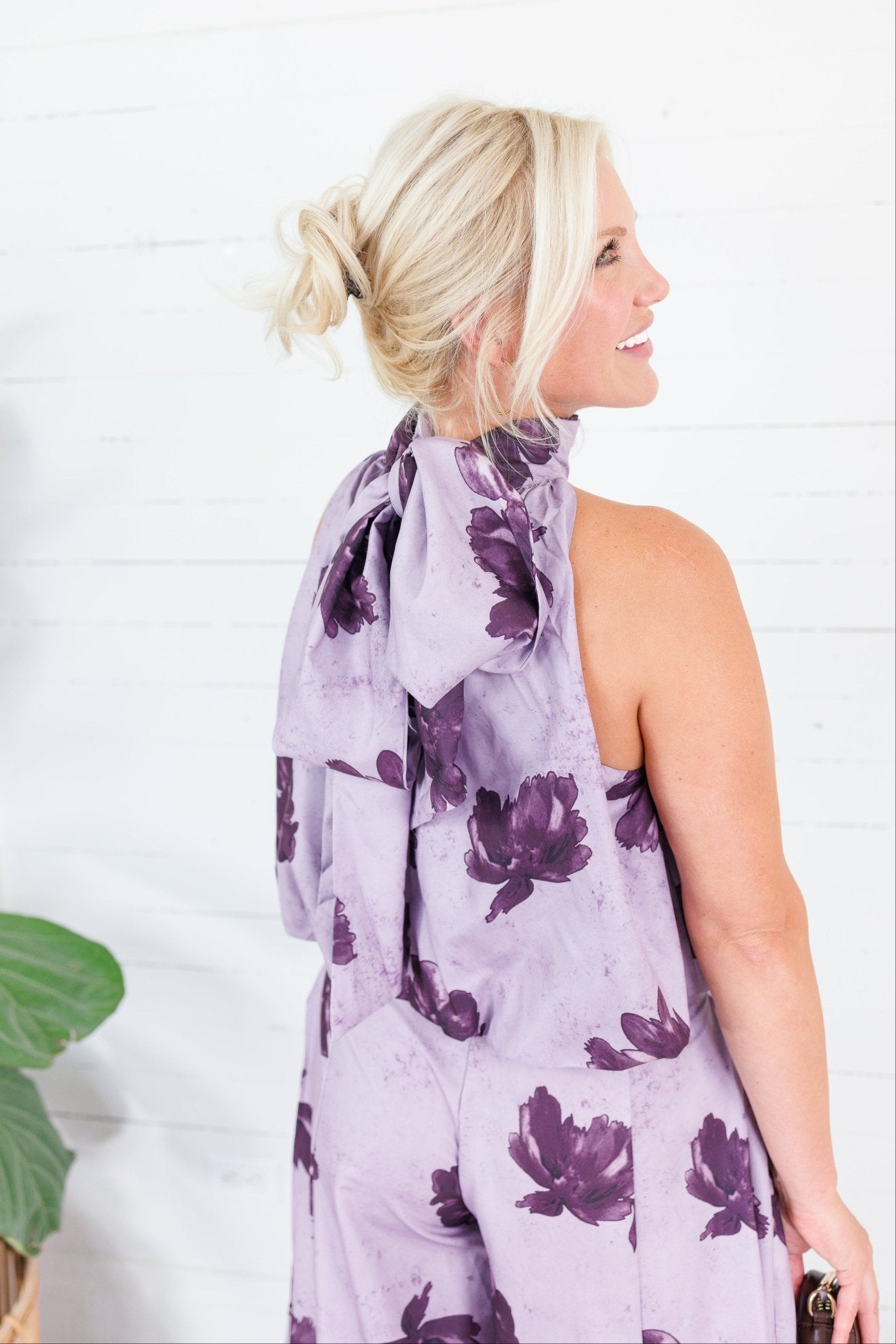 Kohl Grape Floral Halter Neck Bubble Hem Top Glam