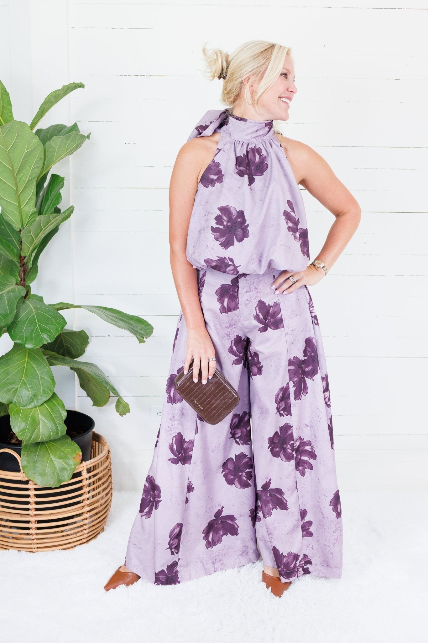 Kohl Grape Floral Halter Neck Bubble Hem Top Glam