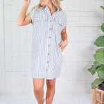 Larson Dusty Blue + Ecru Stripe Shirt Dress