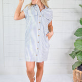 Larson Dusty Blue + Ecru Stripe Shirt Dress