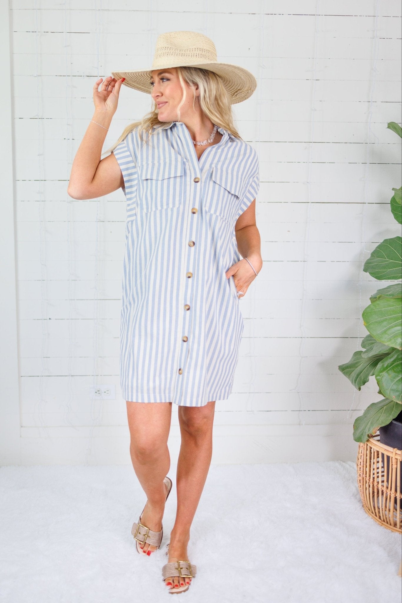 Larson Dusty Blue + Ecru Stripe Shirt Dress