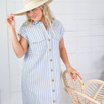 Larson Dusty Blue + Ecru Stripe Shirt Dress
