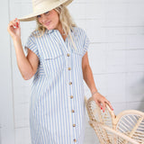 Larson Dusty Blue + Ecru Stripe Shirt Dress