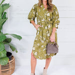 Laura Golden Olive Floral Midi Dress Pinch