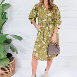 Laura Golden Olive Floral Midi Dress Pinch