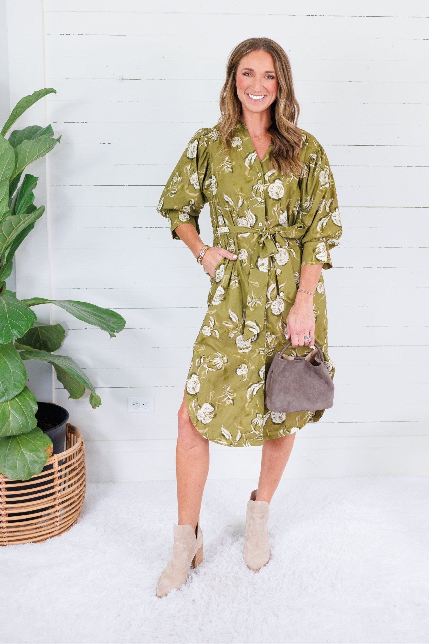 Laura Golden Olive Floral Midi Dress Pinch