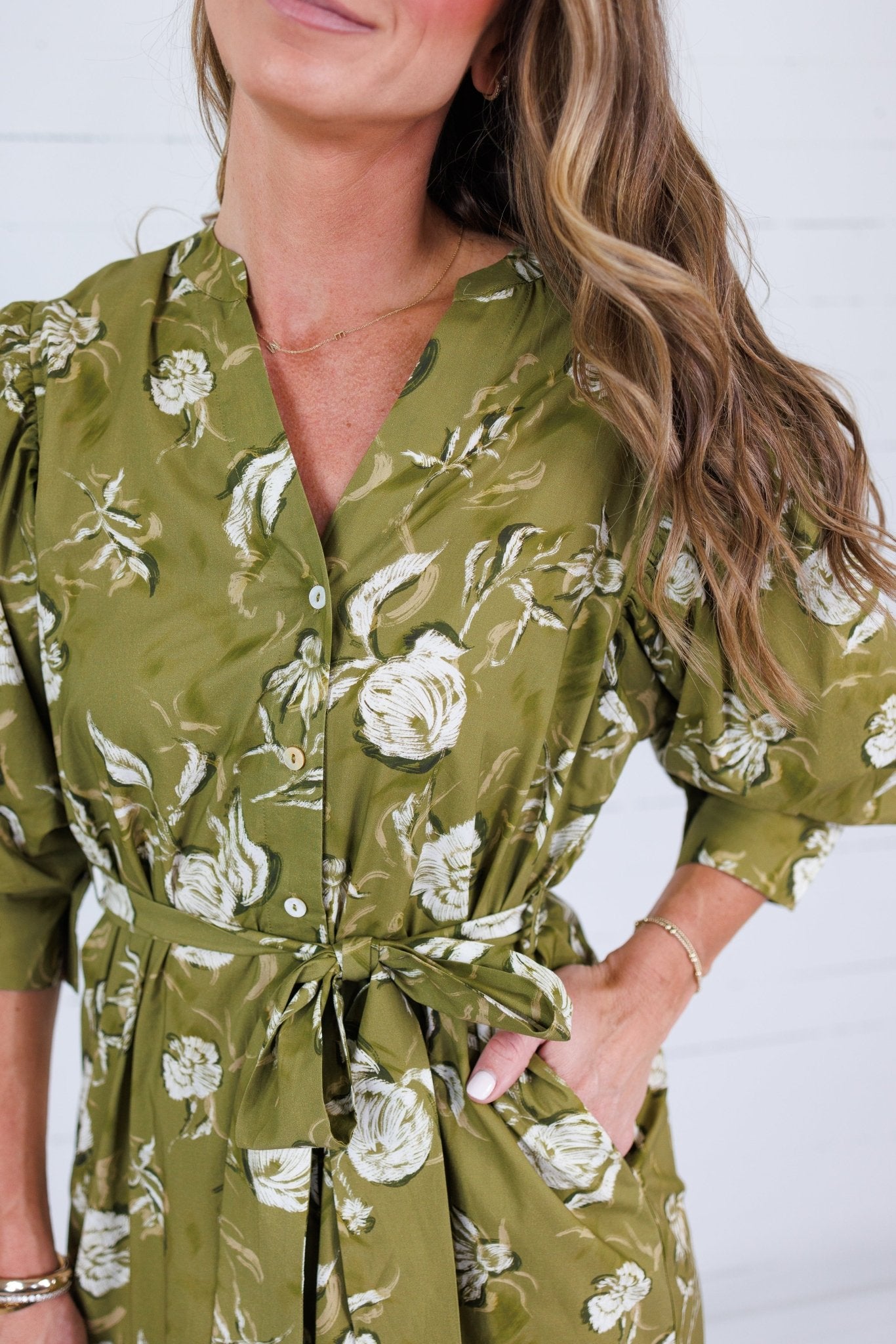 Laura Golden Olive Floral Midi Dress Pinch