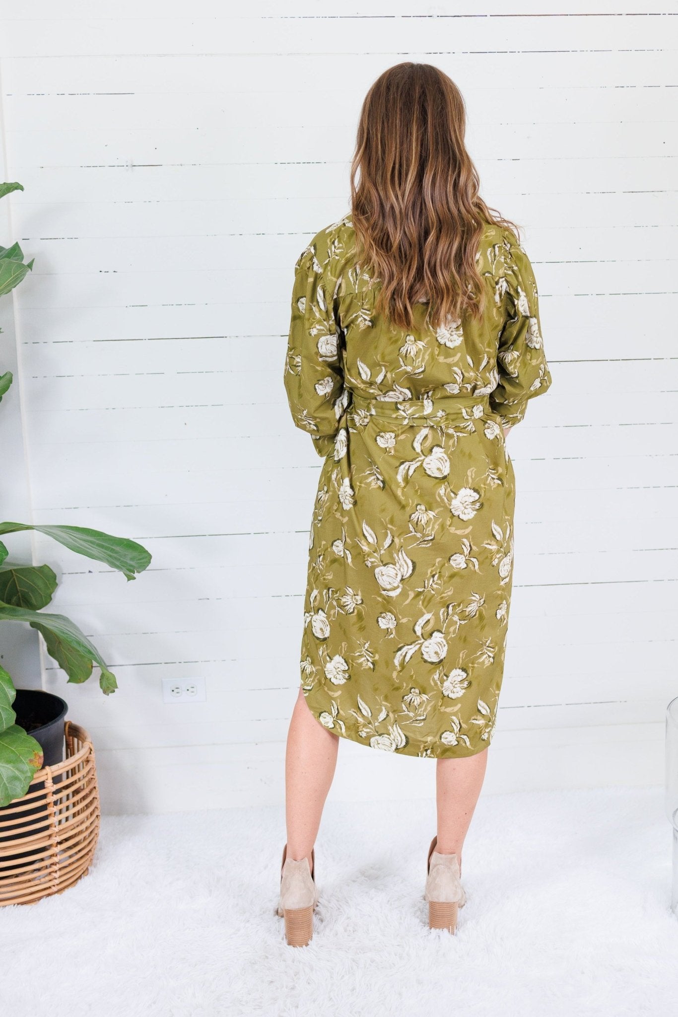 Laura Golden Olive Floral Midi Dress Pinch