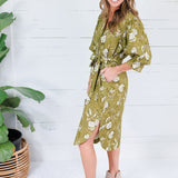 Laura Golden Olive Floral Midi Dress Pinch