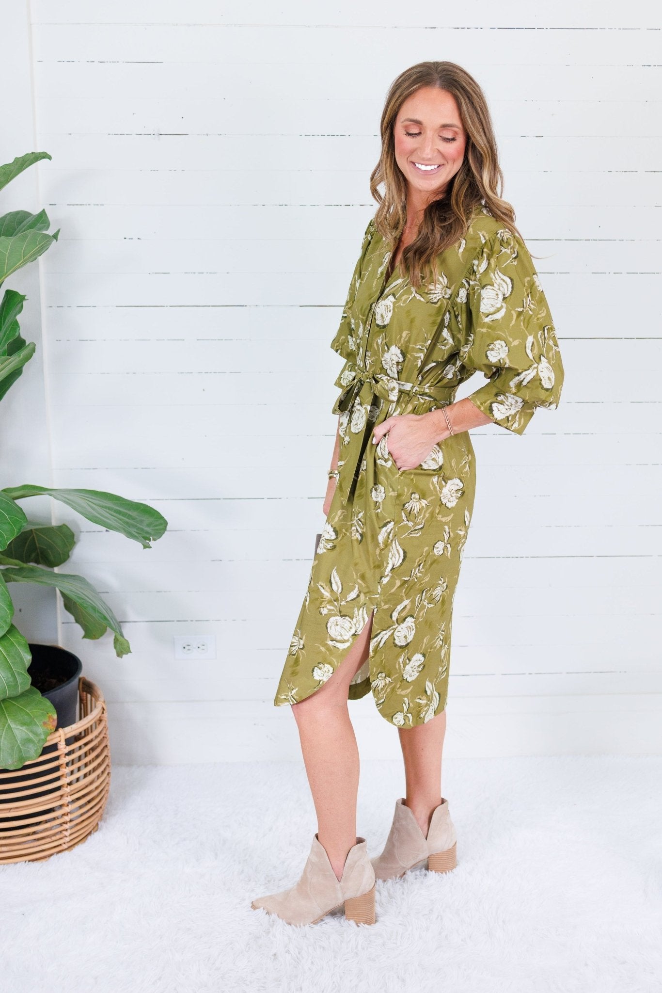 Laura Golden Olive Floral Midi Dress Pinch