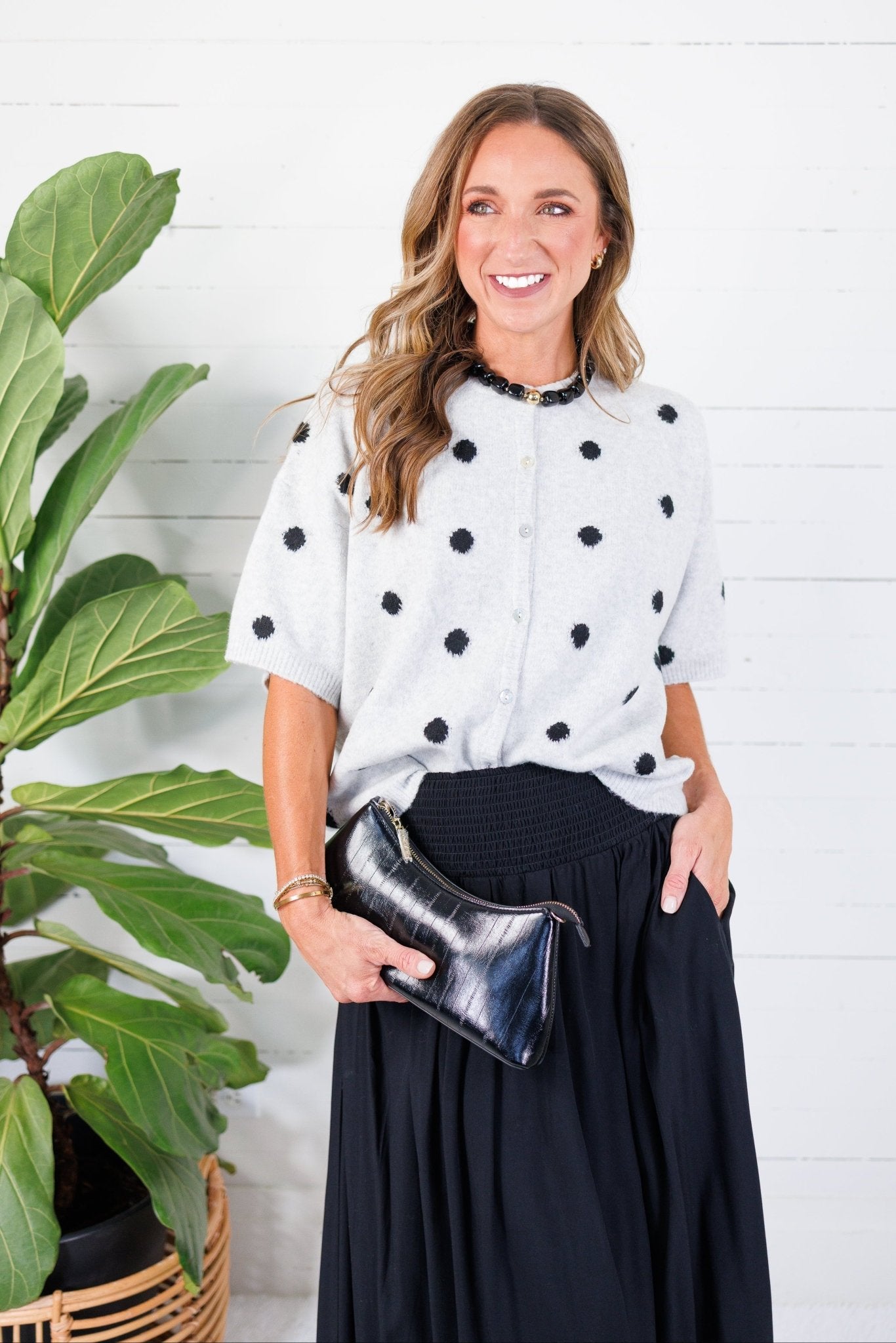 Lillian Heather Grey + Black Dotty Cardigan Le Lis