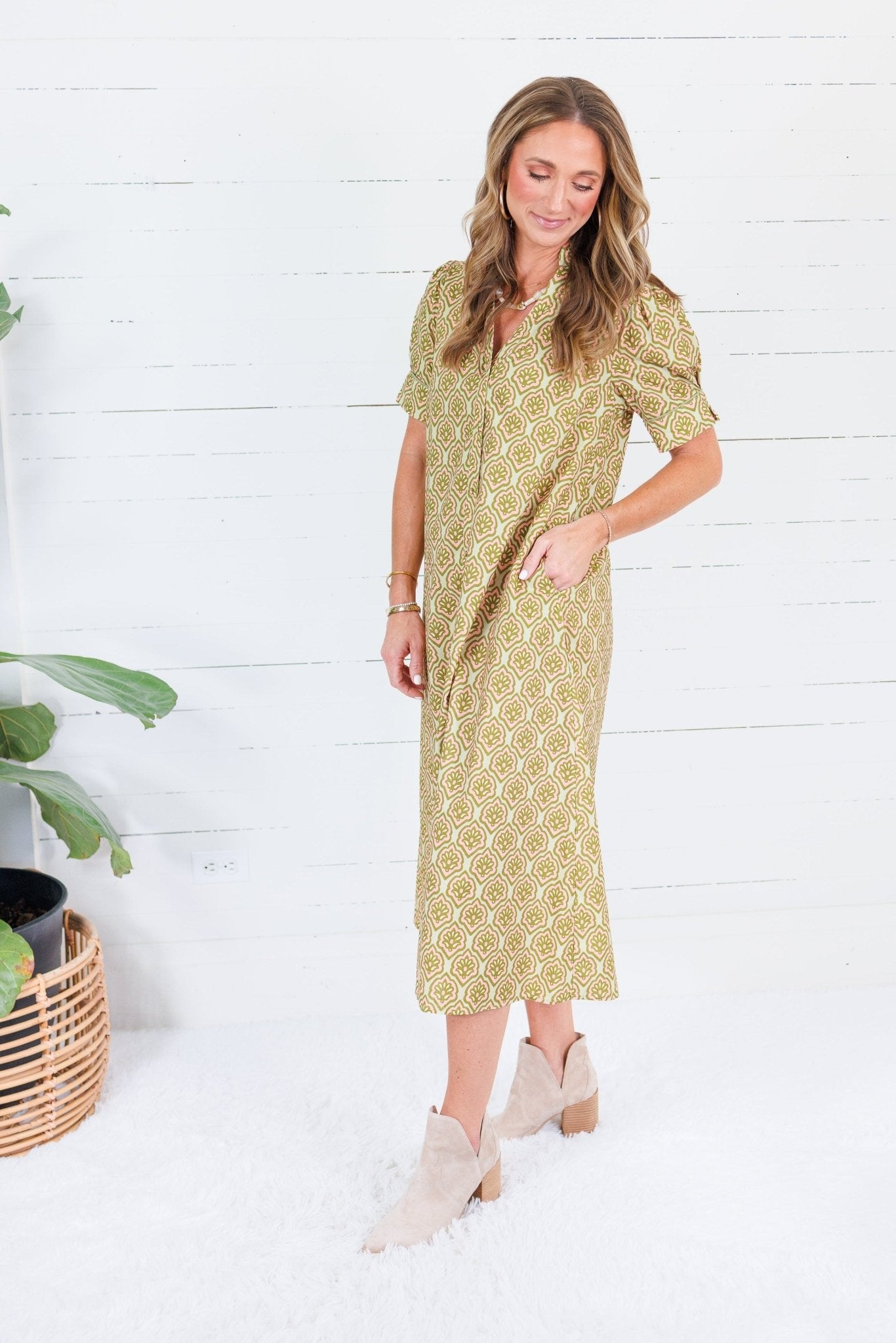 Lillian Matcha Mix Button Midi Dress Gigio