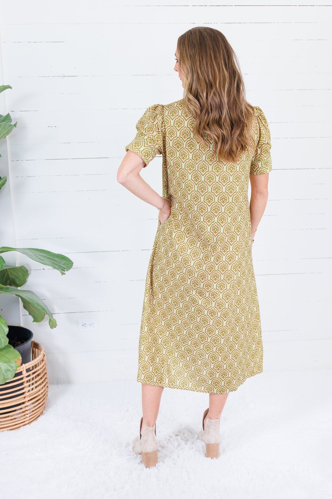 Lillian Matcha Mix Button Midi Dress Gigio