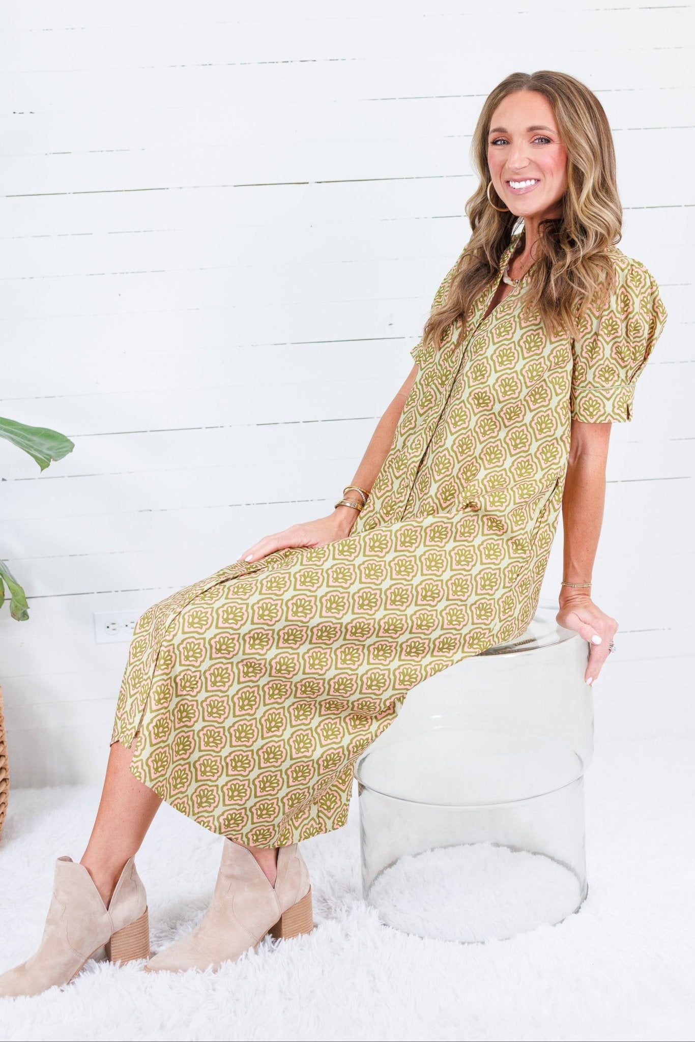 Lillian Matcha Mix Button Midi Dress Gigio