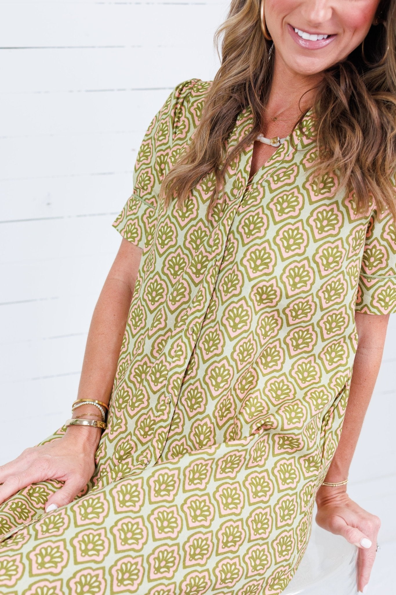 Lillian Matcha Mix Button Midi Dress Gigio